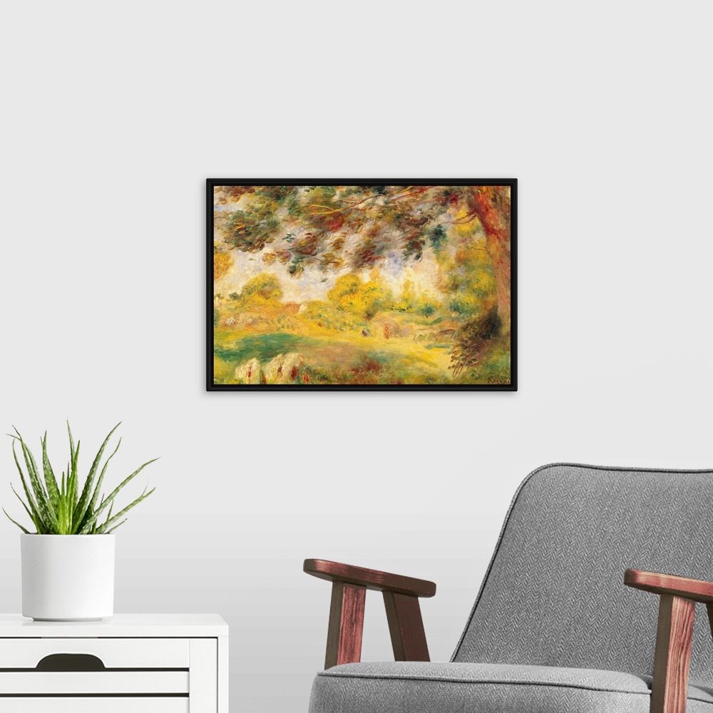 A modern room featuring Big classic art showcases a few people and animals enjoying the colorful countryside on a bright ...