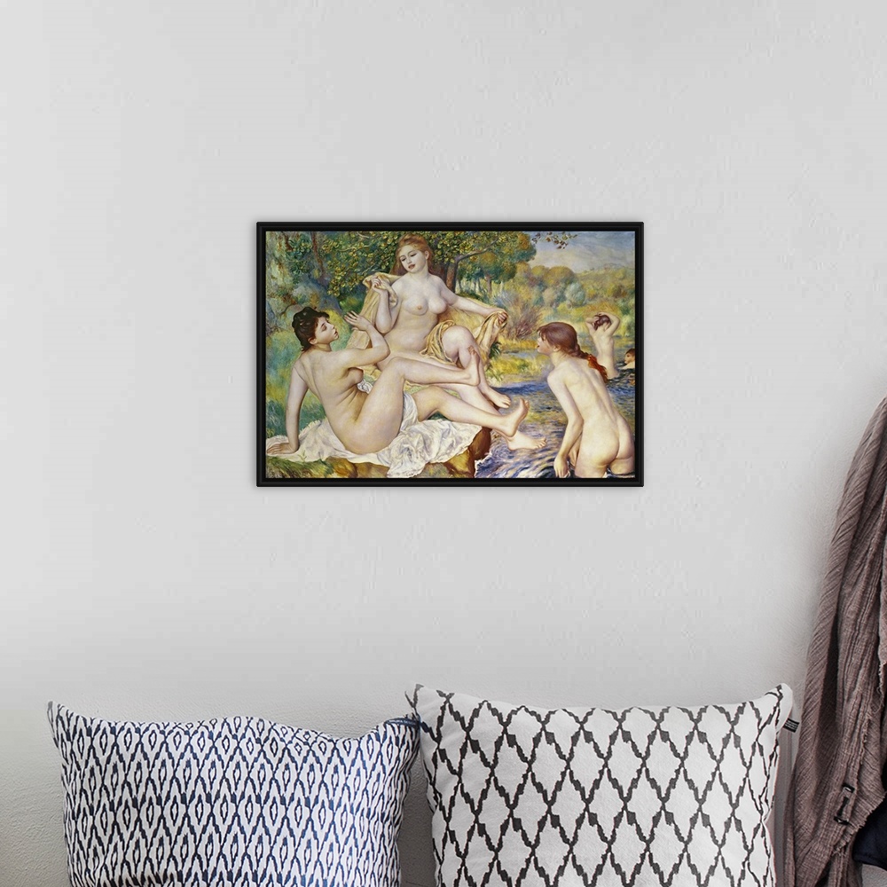 A bohemian room featuring Horizontal classic painting on a large wall hanging of a group of nude women bathing in water sur...