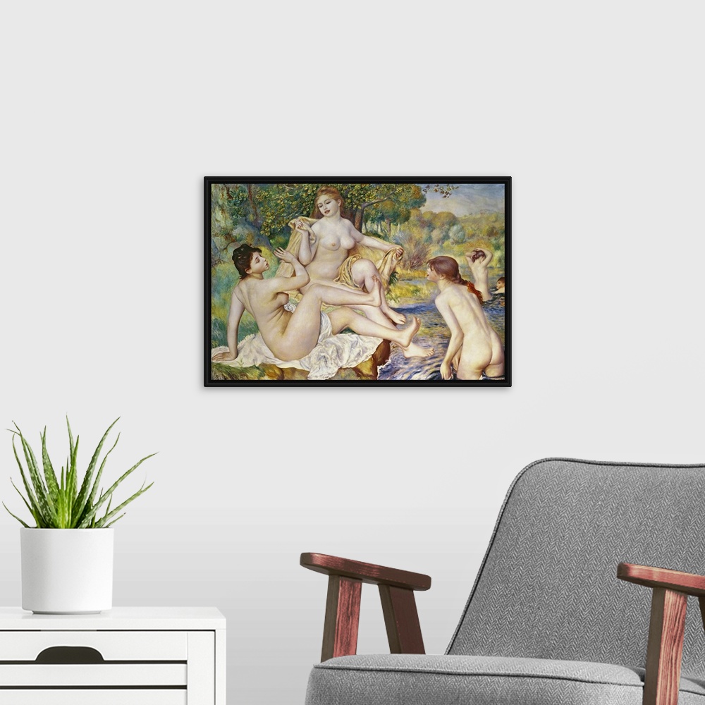 A modern room featuring Horizontal classic painting on a large wall hanging of a group of nude women bathing in water sur...