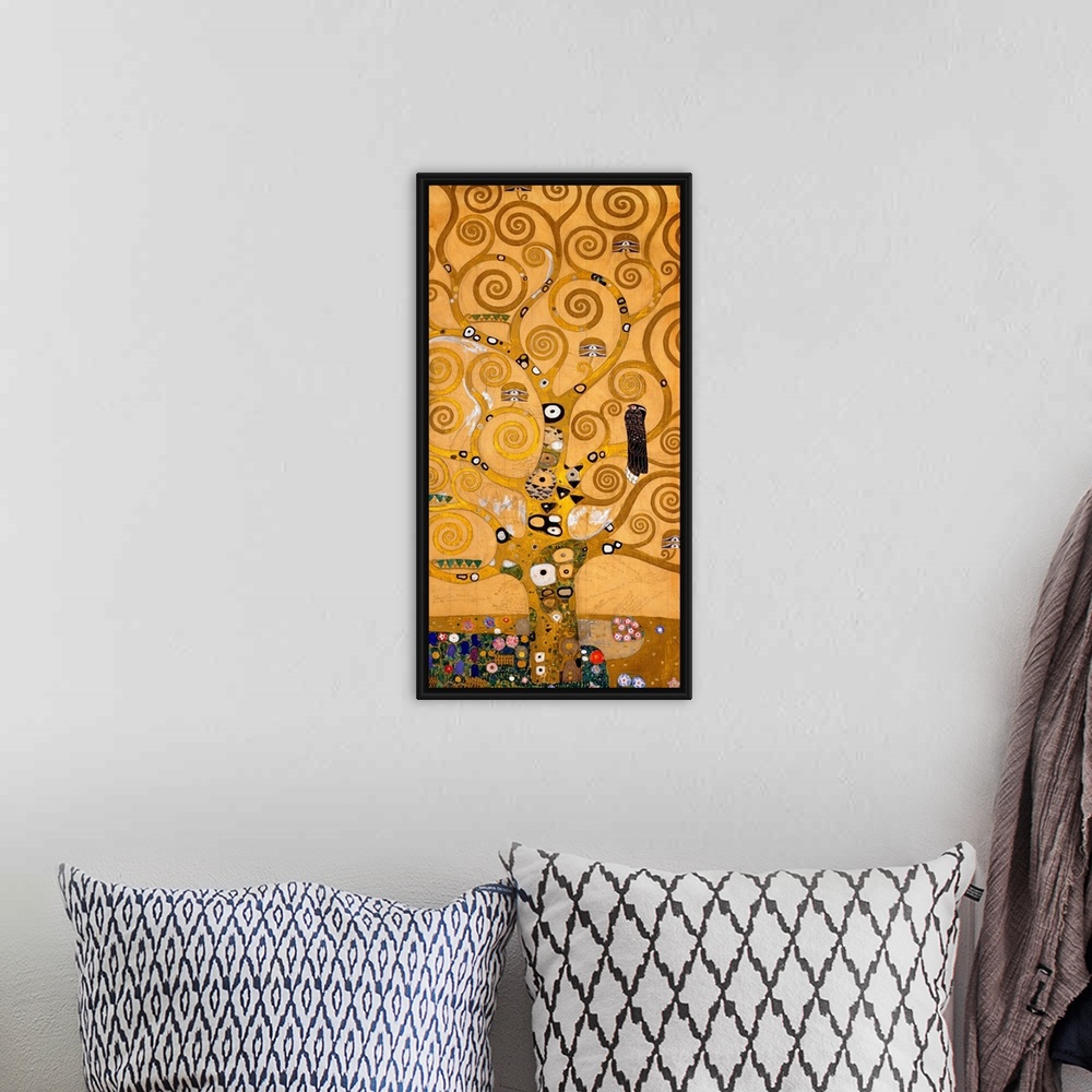 A bohemian room featuring Modern painting of a large, golden tree with all its branches in spiral shapes, and patchwork-lik...