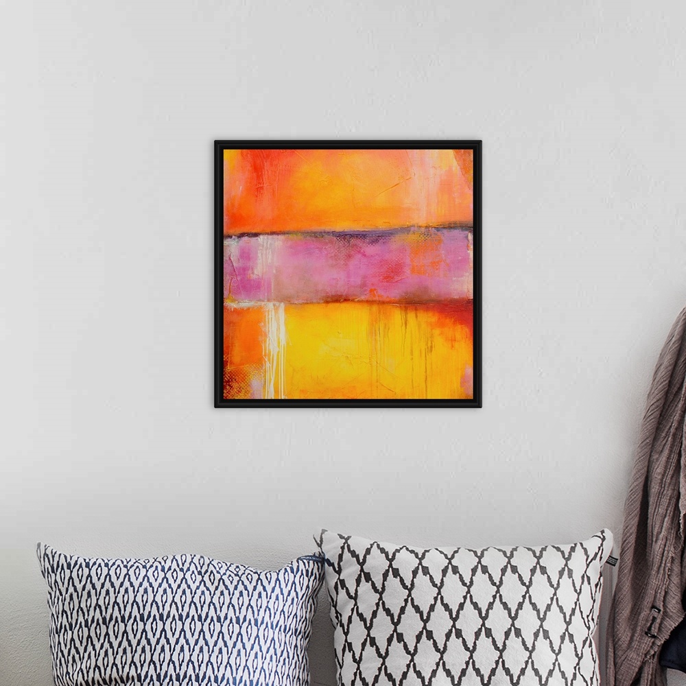 A bohemian room featuring This square shaped decorative accent is an abstract wall painting with candy color stripes.