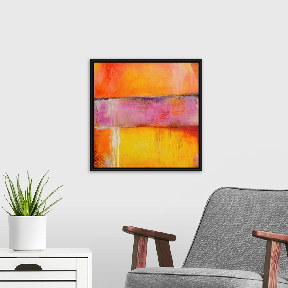 A modern room featuring This square shaped decorative accent is an abstract wall painting with candy color stripes.