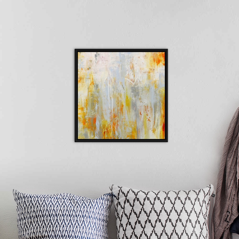 A bohemian room featuring This abstract painting shows splatters and a dribbles of paint on a square shaped decorative acce...
