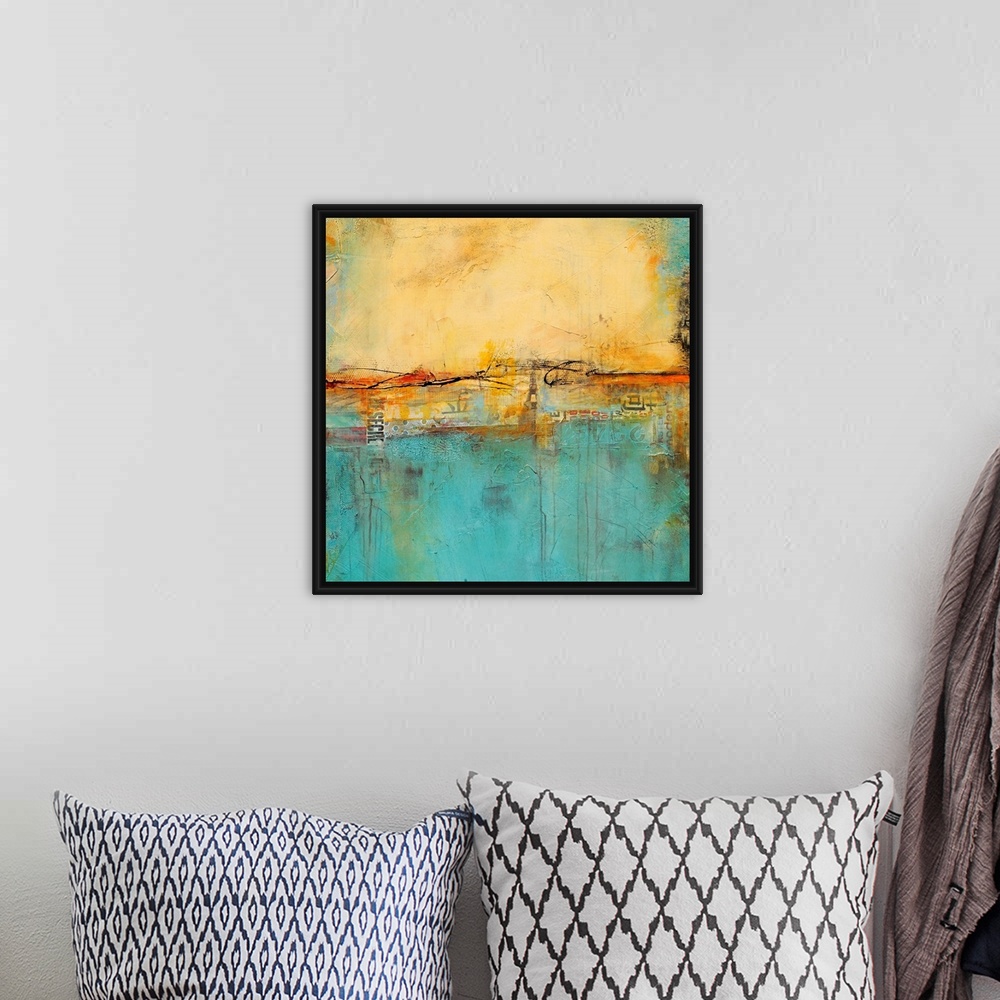 A bohemian room featuring A contemporary abstract painting with cool colors accented with warm, earthy tones.