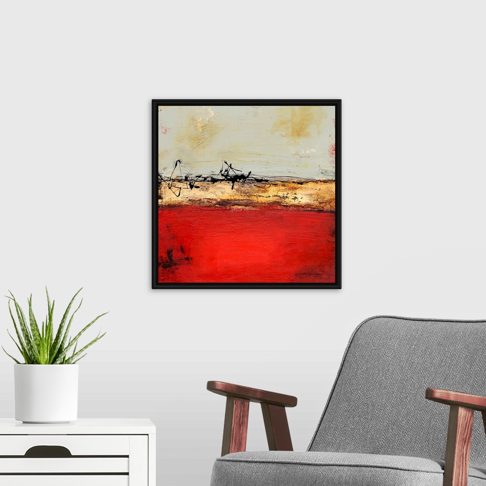 A modern room featuring This is a giclee print of a square abstract painting that has a gritty, grungy texture created by...
