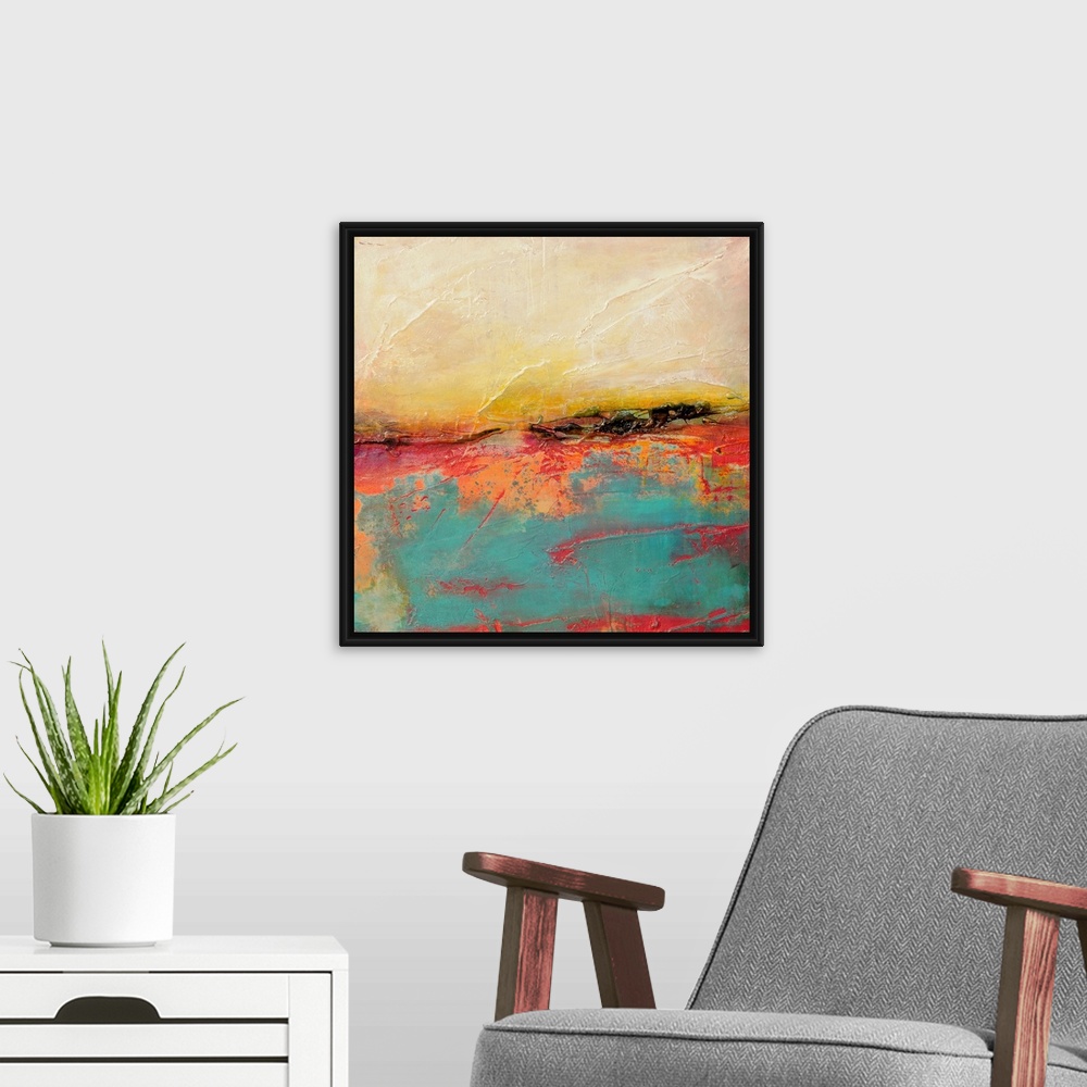 A modern room featuring Vibrantly colored square abstract wall art with heavy paint textures.