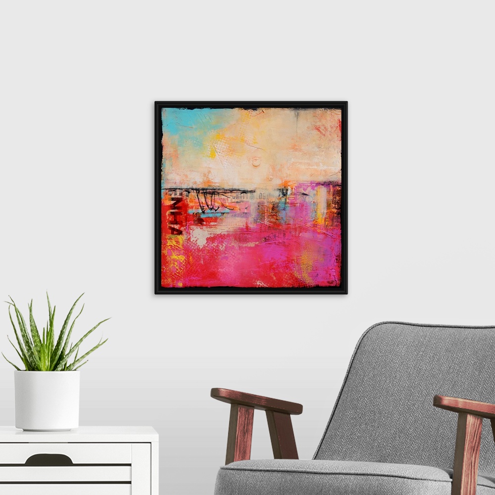 A modern room featuring Giant contemporary art focuses on the use of vibrant colors against a roughly textured background...