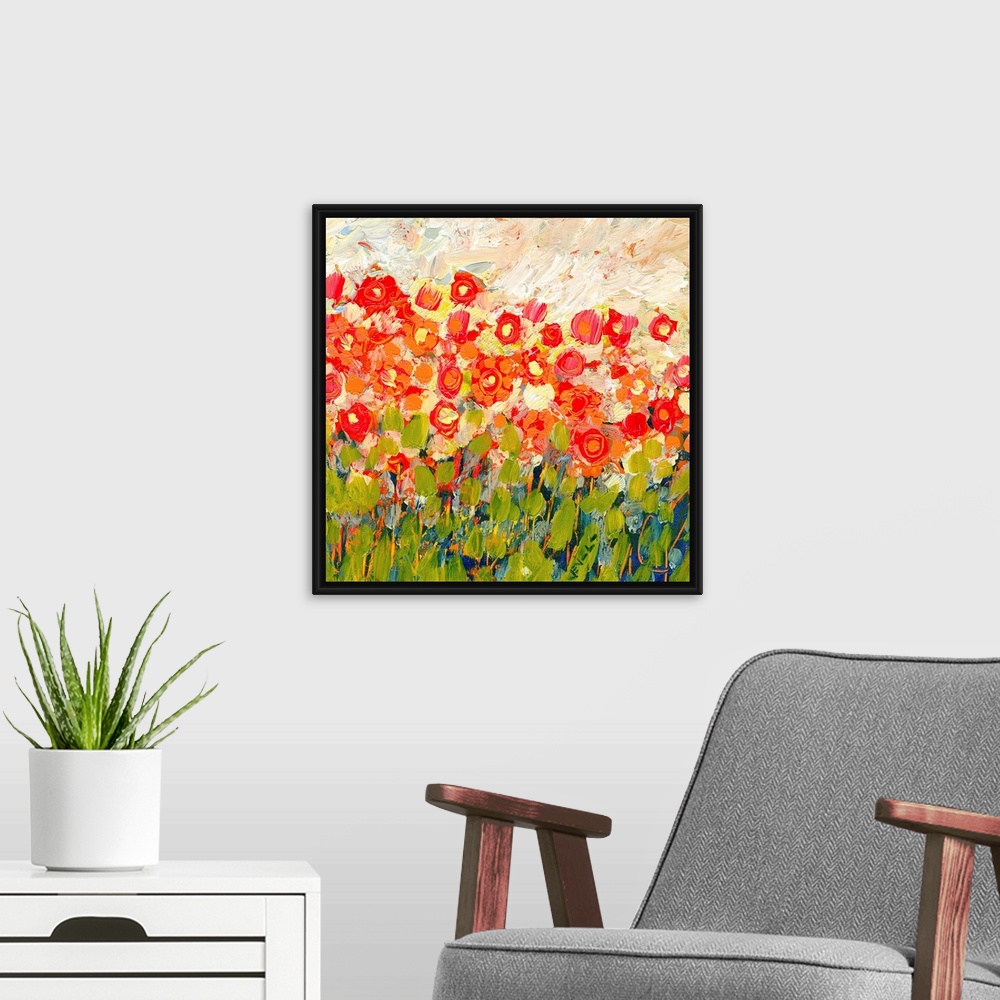 A modern room featuring Big square contemporary painting illustrating colorful flowers on a Spring day through use of var...