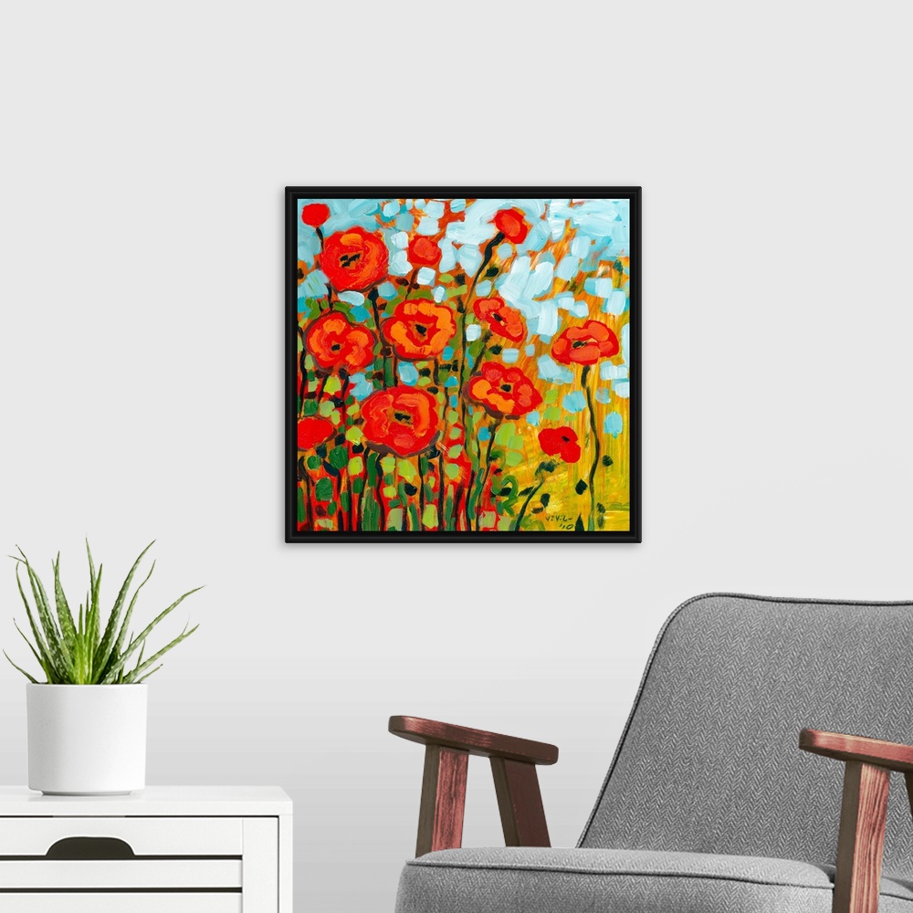 A modern room featuring Thick brush strokes makes a cheerful still life of flowers with contrasting colors.