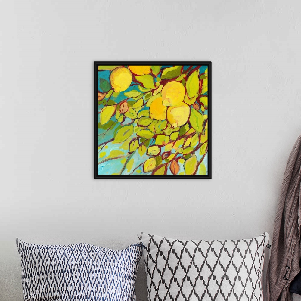 A bohemian room featuring Contemporary painting of lemon tree with an up close view of the leaves and lemons.