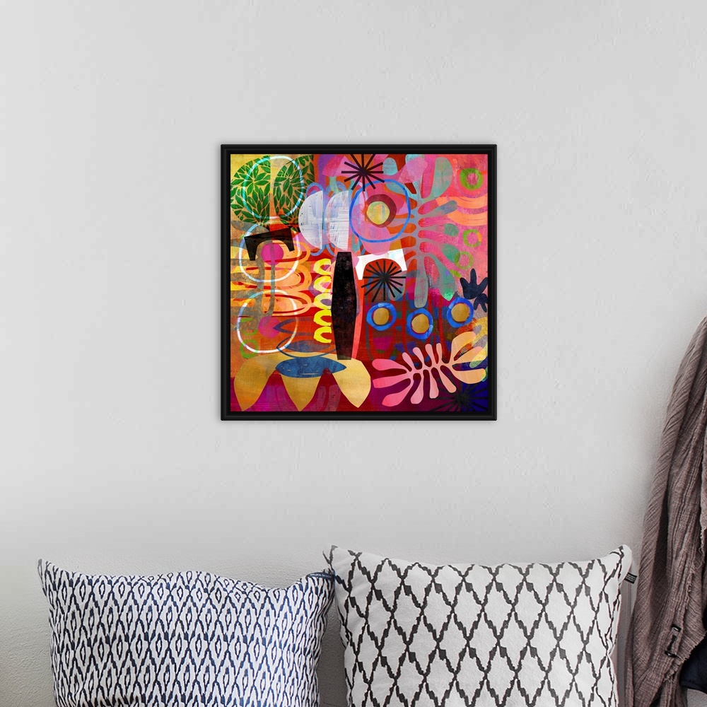 A bohemian room featuring A riotous jumble of abstract shapes in warm tones. A very impactful, maximalist work of art, it w...