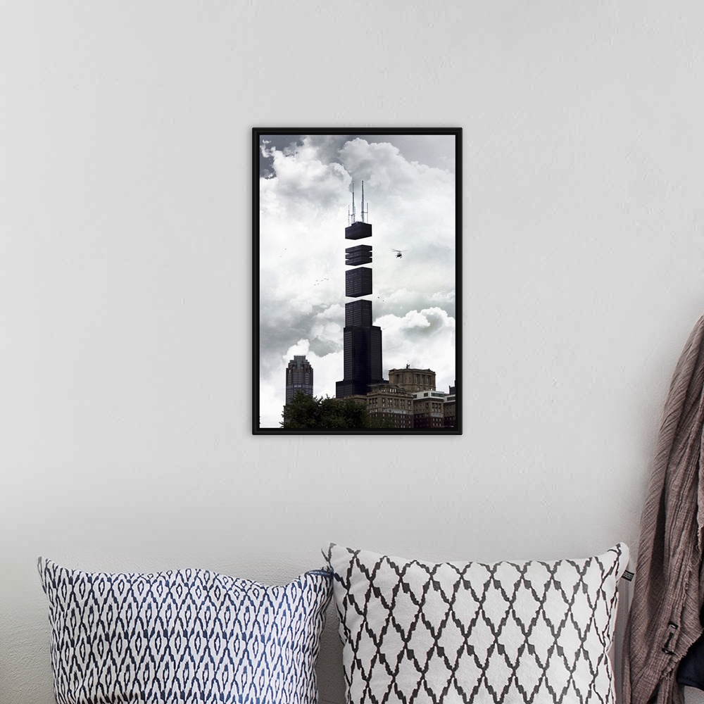 A bohemian room featuring Large contemporary art includes a photograph of a landmark skyscraper in Chicago, Illinois that h...