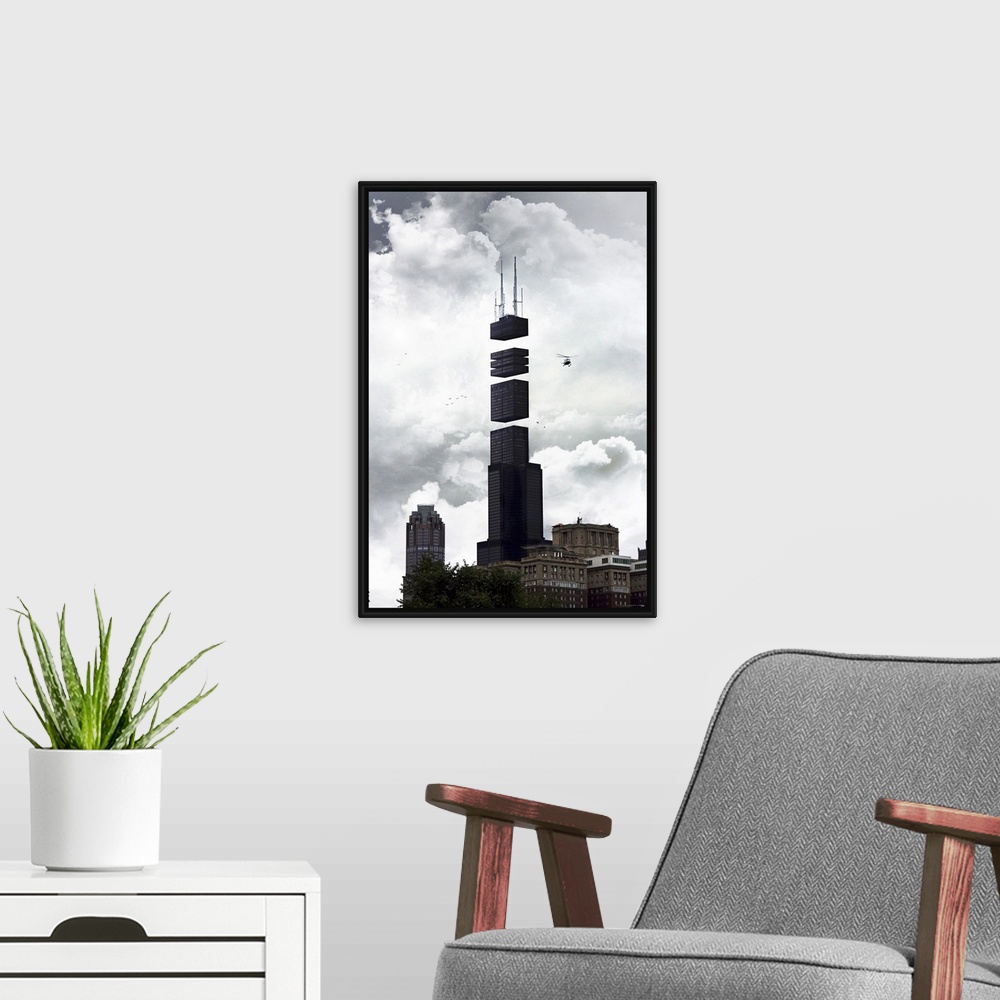 A modern room featuring Large contemporary art includes a photograph of a landmark skyscraper in Chicago, Illinois that h...