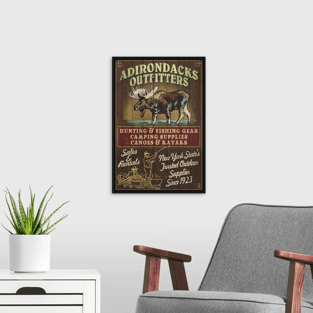 A modern room featuring The Adirondacks, New York State - Outfitters Vintage Sign Moose: Retro Travel Poster