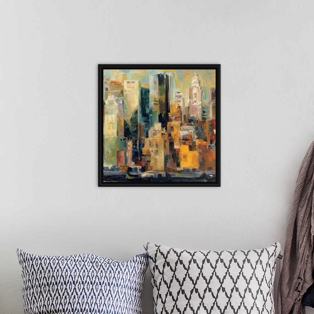 A bohemian room featuring A landscape painting of New York City on a square canvas; this painting gives the impression of l...