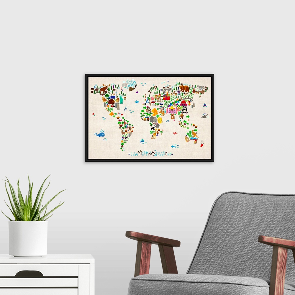 A modern room featuring Animal World Map