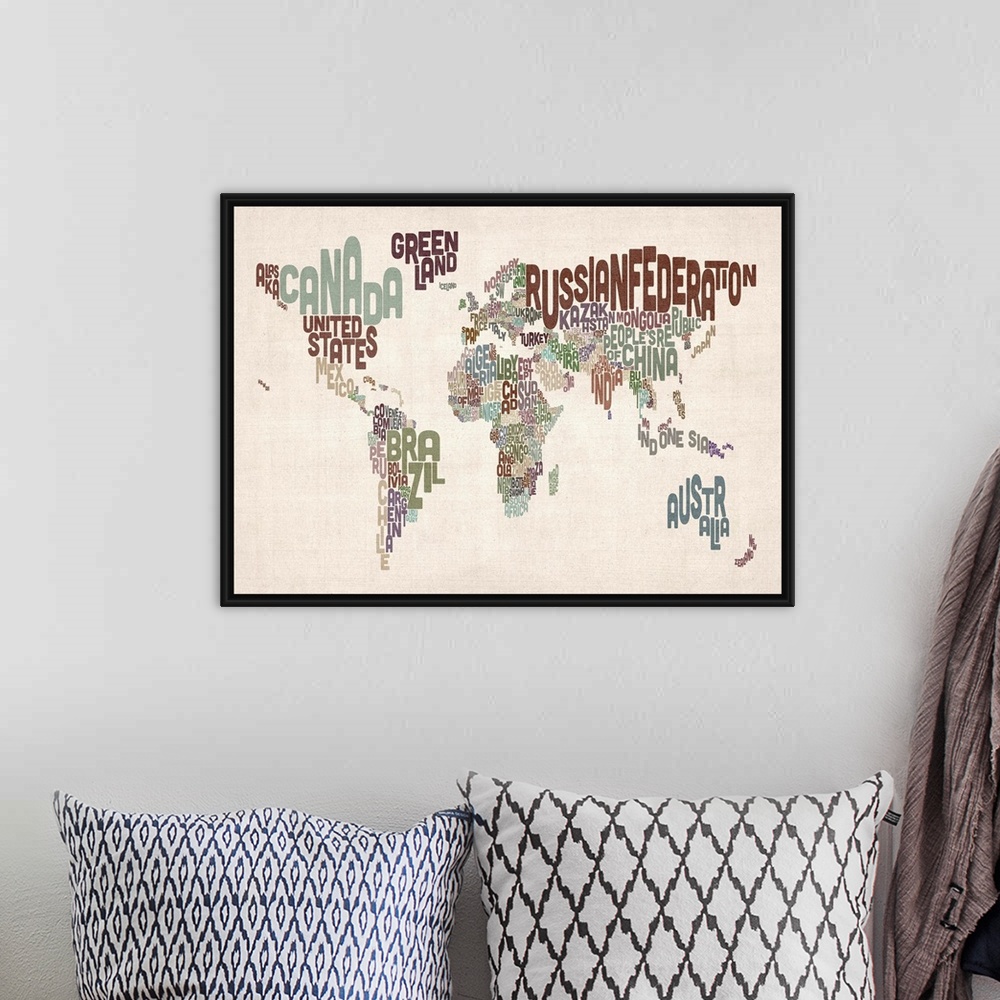 A bohemian room featuring Typographic map where the countries and continents are created with their names in a neutral colo...