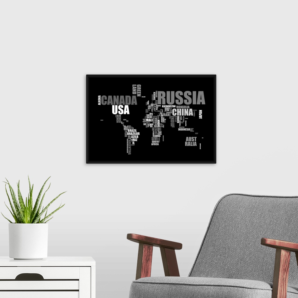 A modern room featuring Huge, horizontal, typography canvas art of the world map made up of the names of each country. On...