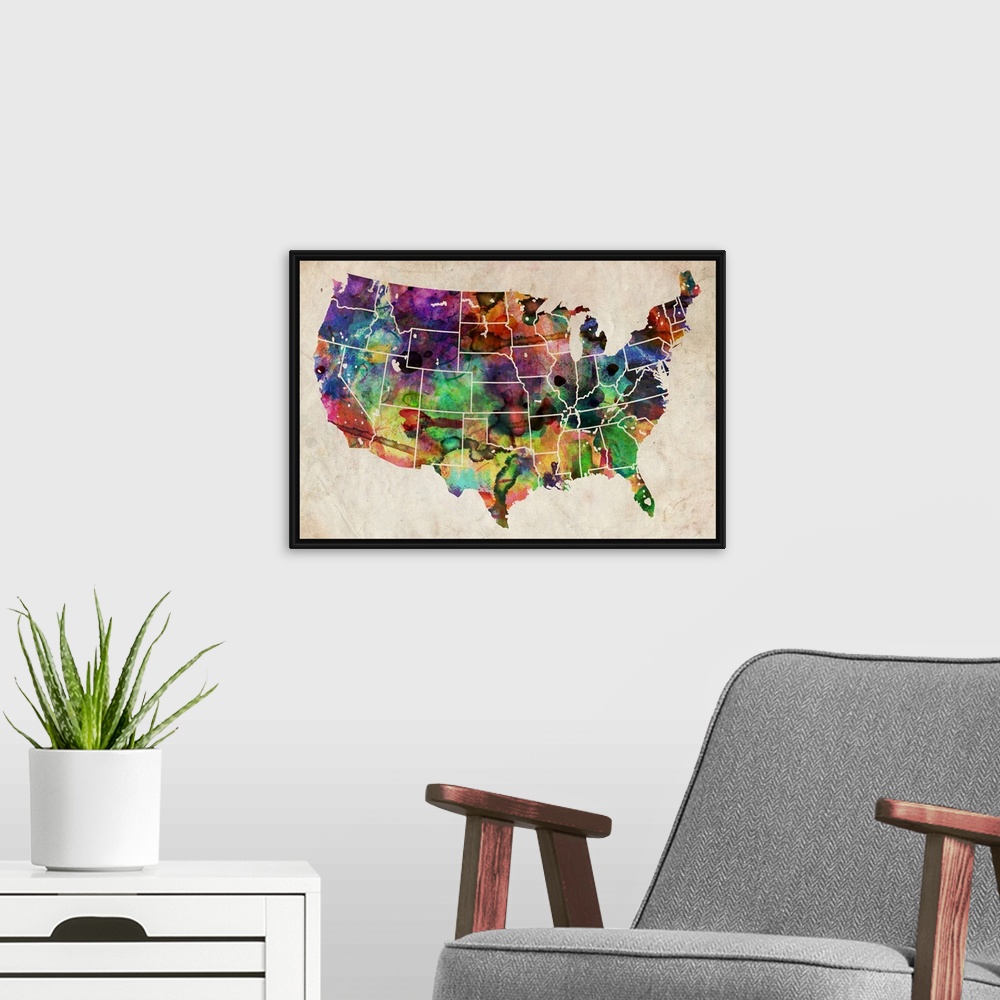 A modern room featuring Big contemporary art shows the divisions between the states within the continental United States ...