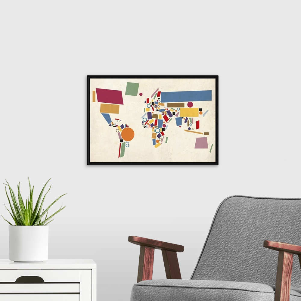 A modern room featuring Map of the World Abstract Canvas and Art Print. This map has been done in the style of Russian pa...