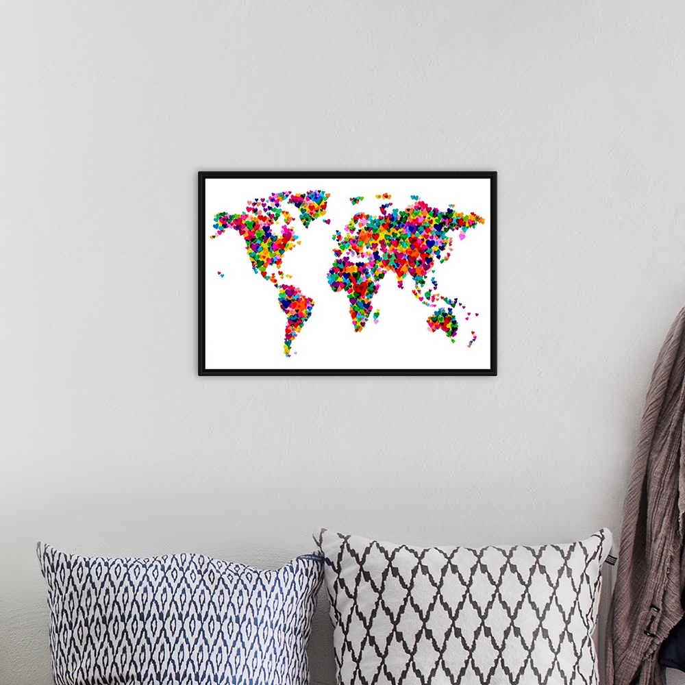 A bohemian room featuring A map made from collaging hearts into the shapes of the six main continents.