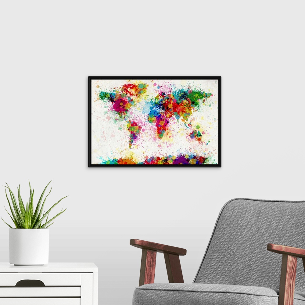 A modern room featuring Giant contemporary piece of colorful art that shows a world map composed of a number of paint dro...