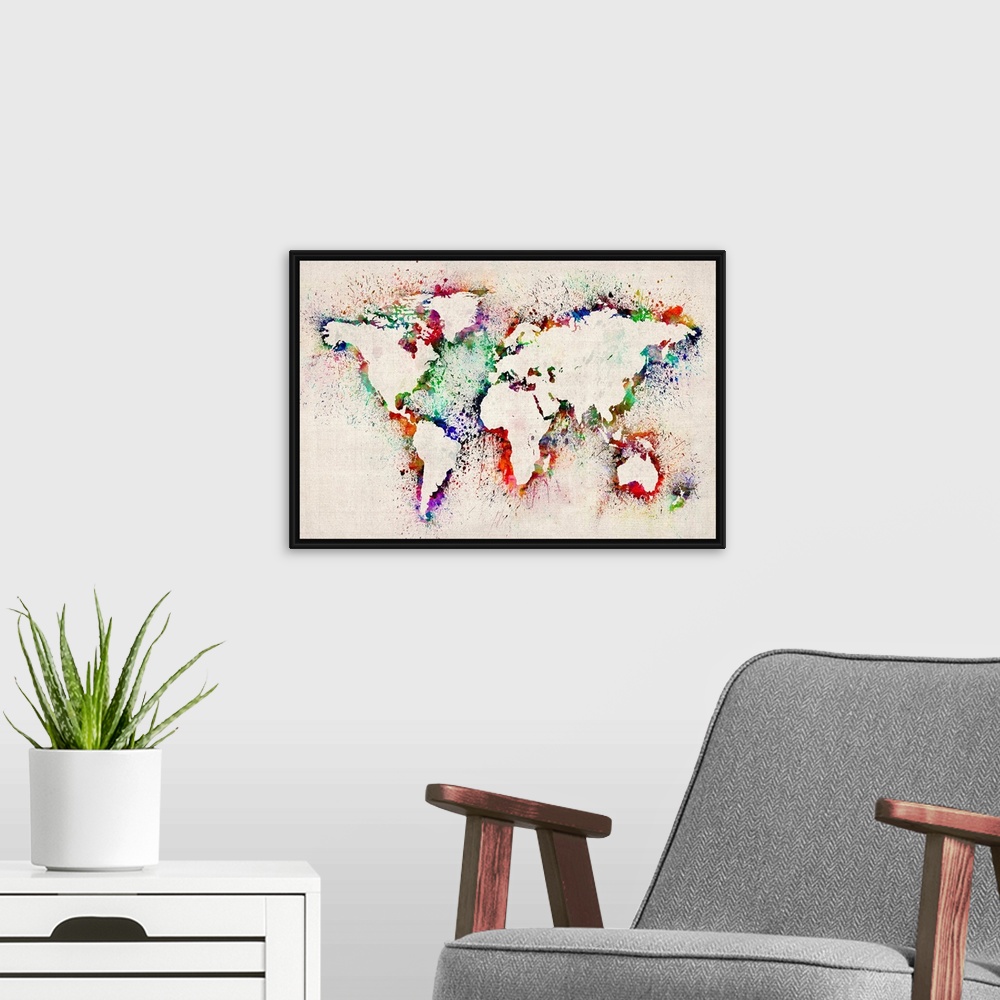 A modern room featuring Large illustrated world map shows the placement of countries by outlining them with a vibrant ass...