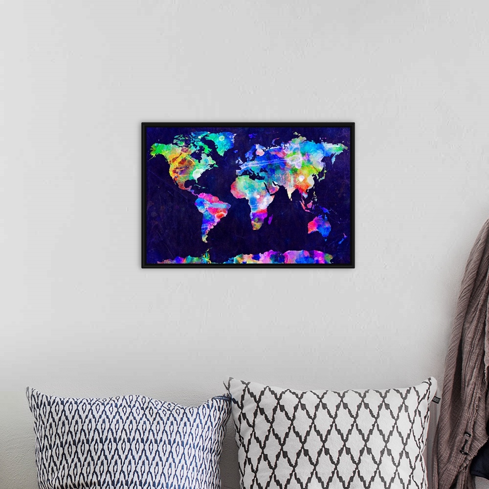 A bohemian room featuring A grungy map of the world where the continents are painted in tie dyed colors.