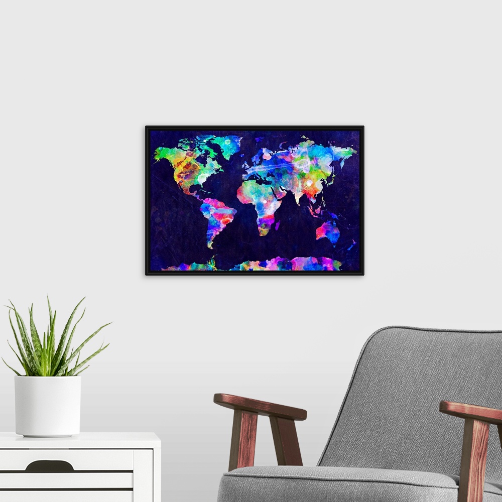 A modern room featuring A grungy map of the world where the continents are painted in tie dyed colors.