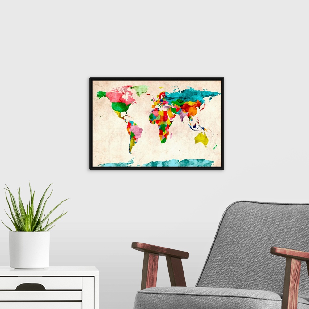 A modern room featuring Oversized wall art created using water based paint textures to outline countries on political map...