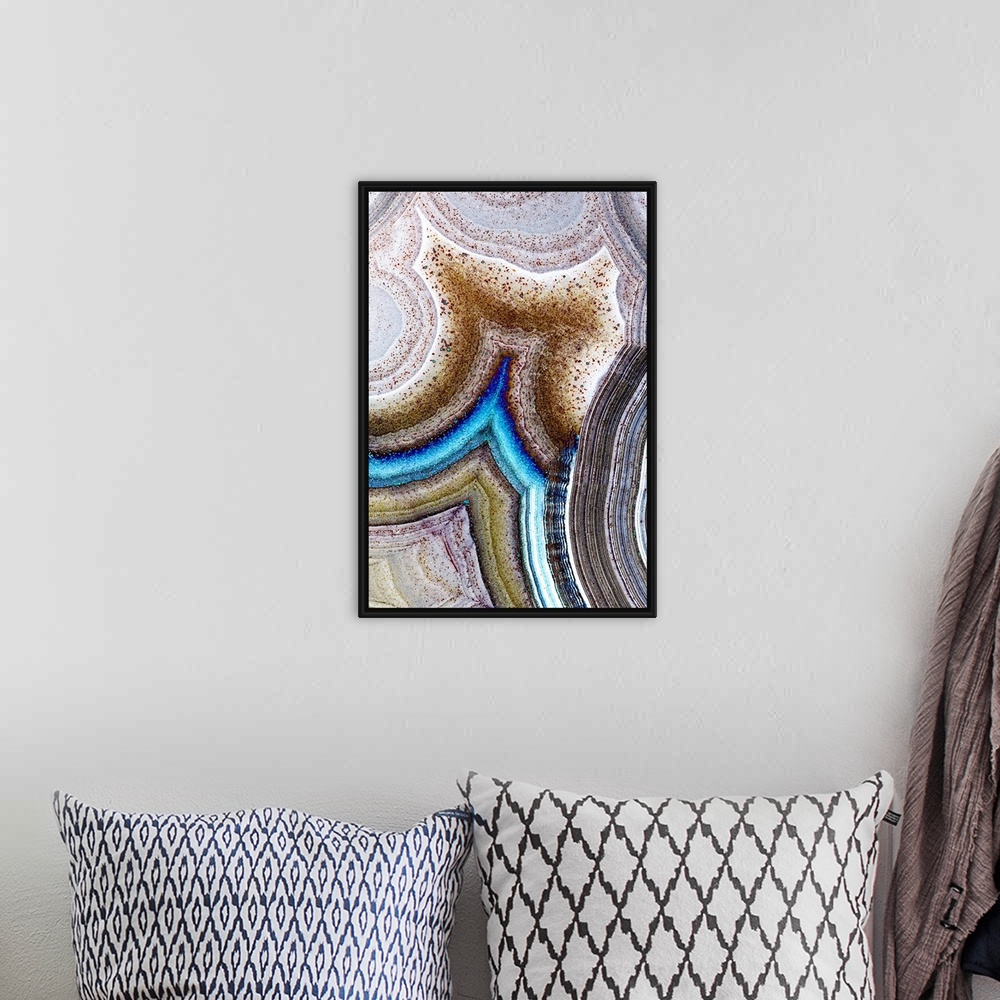 A bohemian room featuring Vertical macro photograph of details of geological elements layering to create rings of texture s...