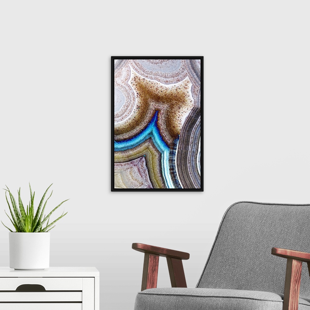 A modern room featuring Vertical macro photograph of details of geological elements layering to create rings of texture s...