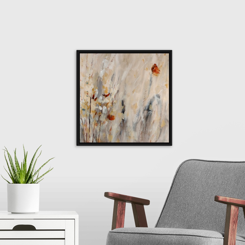 A modern room featuring Vertical wall art that gives the impression of flowers and plants in a square abstract painting m...