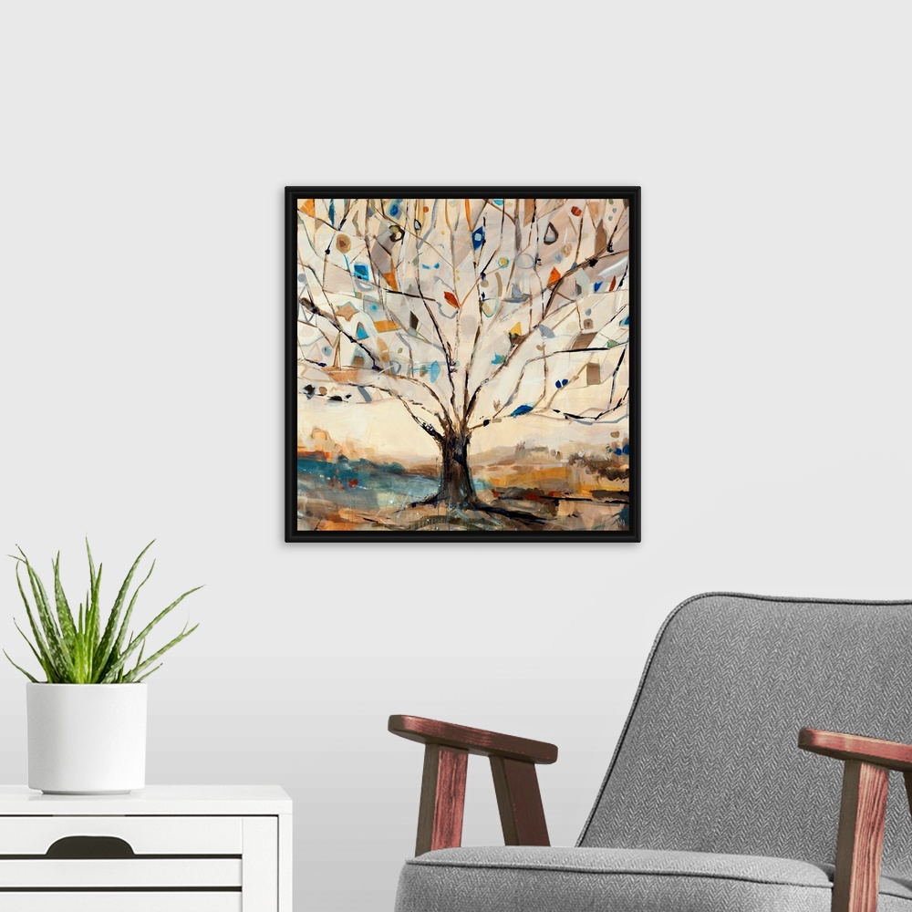 A modern room featuring Large square contemporary art displays a Merkaba tree filled with birds that is surrounded by a d...