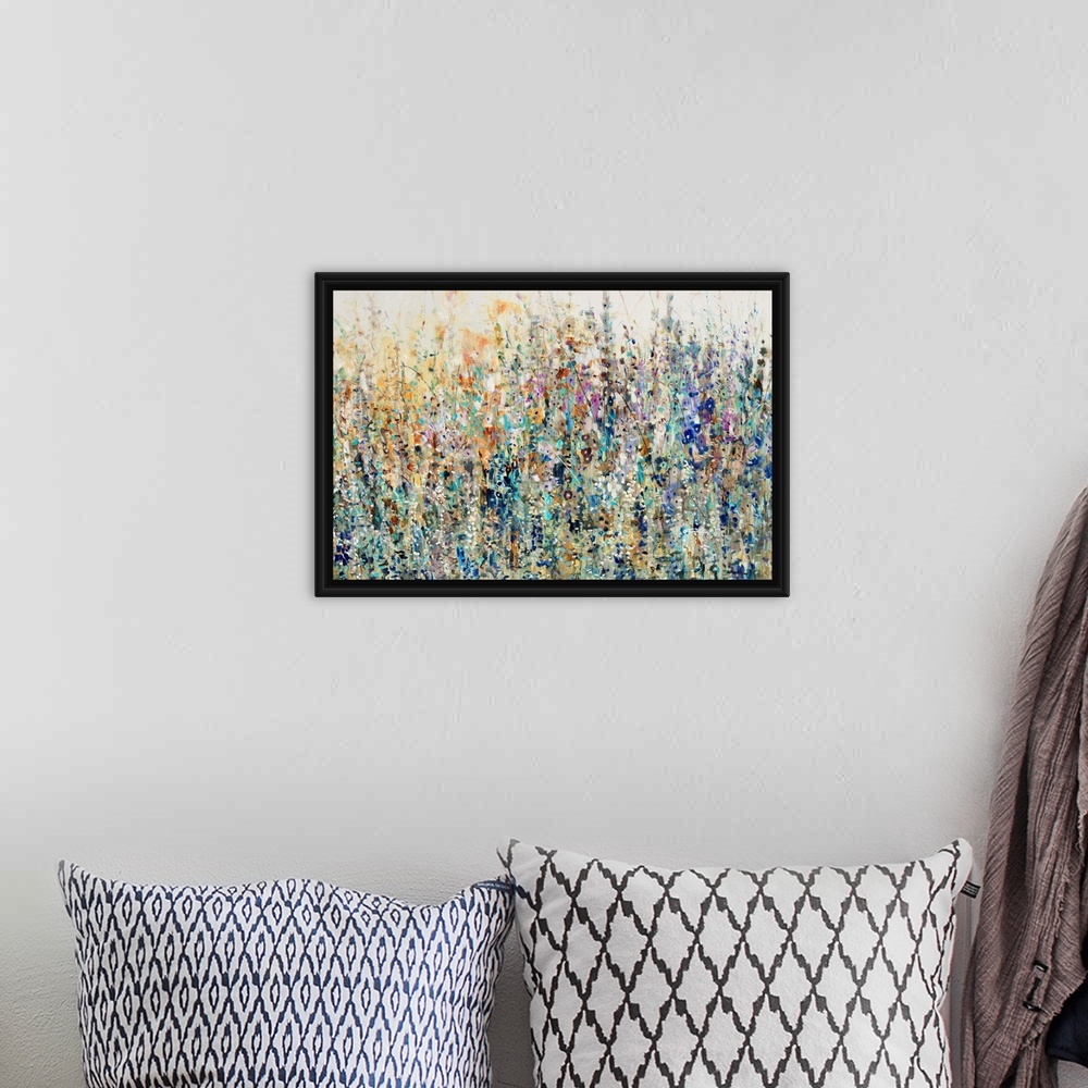 A bohemian room featuring A splashy, vibrant mass of wild flowers and grasses in an abstract, impressionist style.