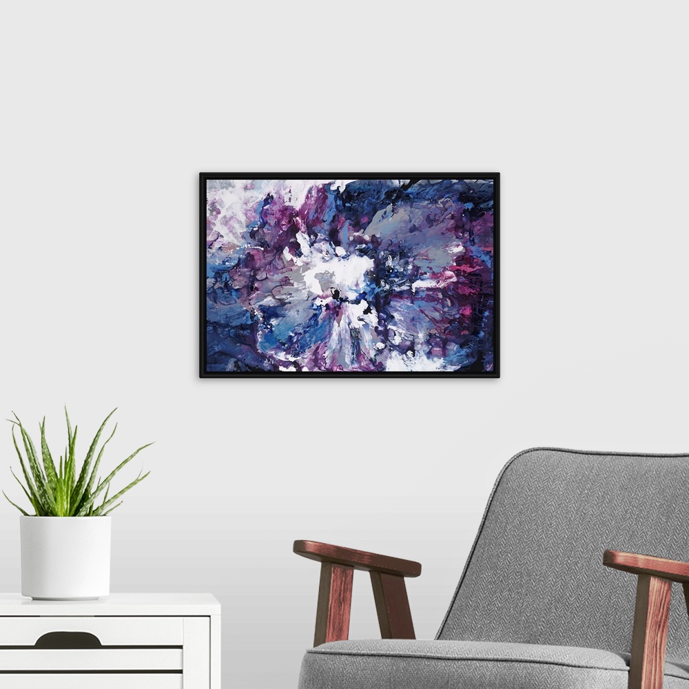 A modern room featuring Contemporary abstract painting of clouded forms in various shades of violet.