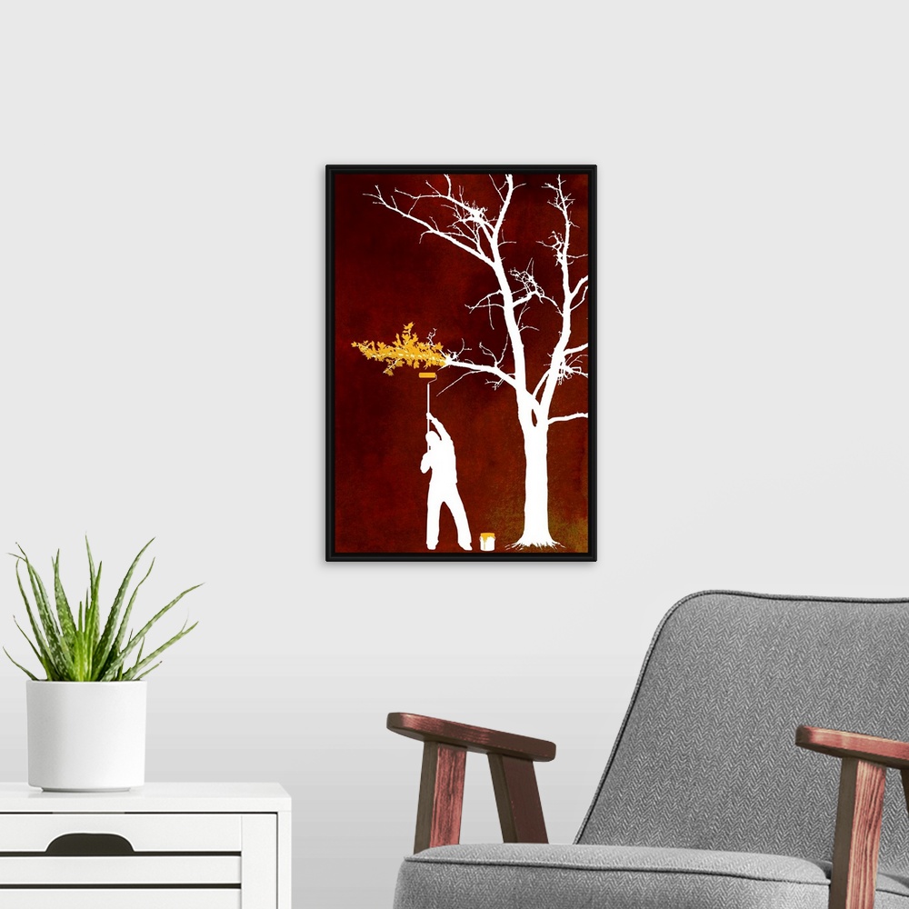 A modern room featuring Contemporary painting of the silhouette of a man painting leaves on a bare tree with a warm textu...