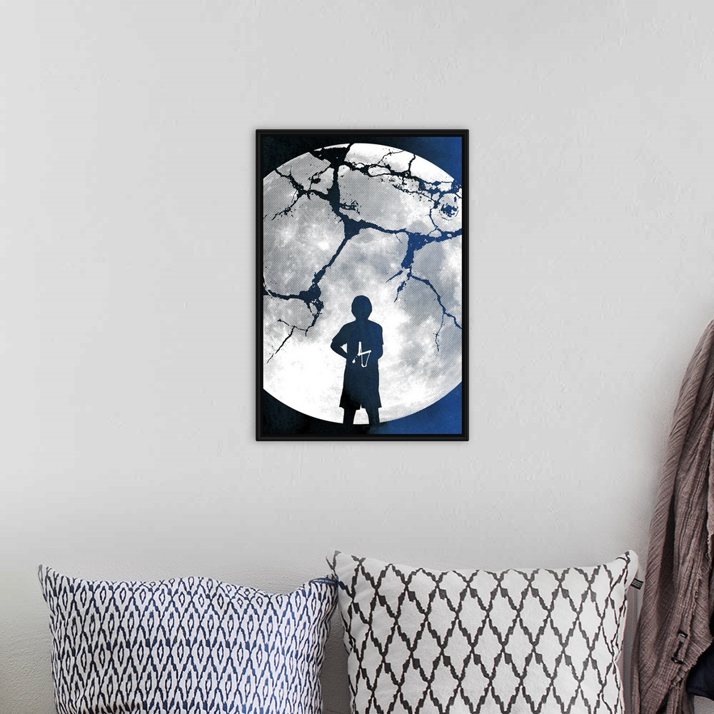 A bohemian room featuring Contemporary art showing a huge cracked moon with the silhouette of a boy with a slingshot in it ...