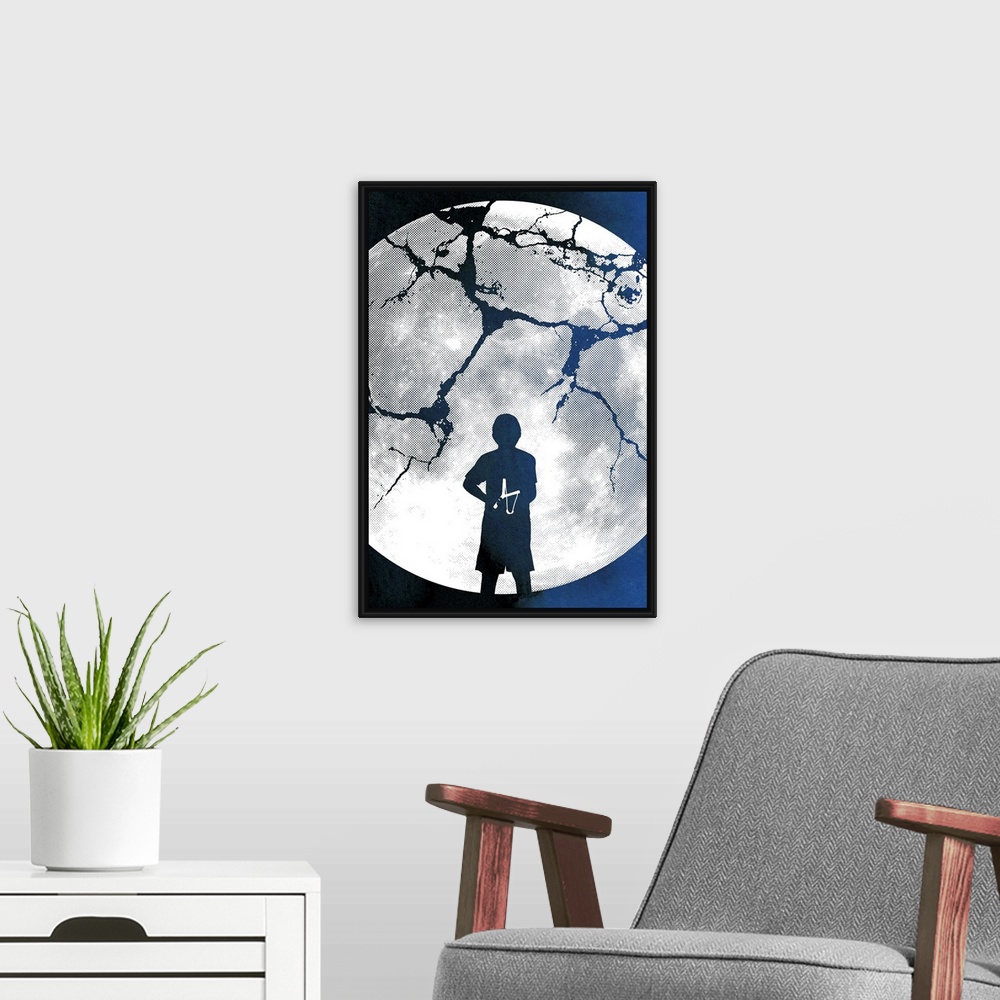 A modern room featuring Contemporary art showing a huge cracked moon with the silhouette of a boy with a slingshot in it ...