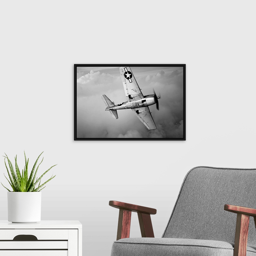 A modern room featuring Photograph of plane in flight in a cloudy sky over Chino, California.