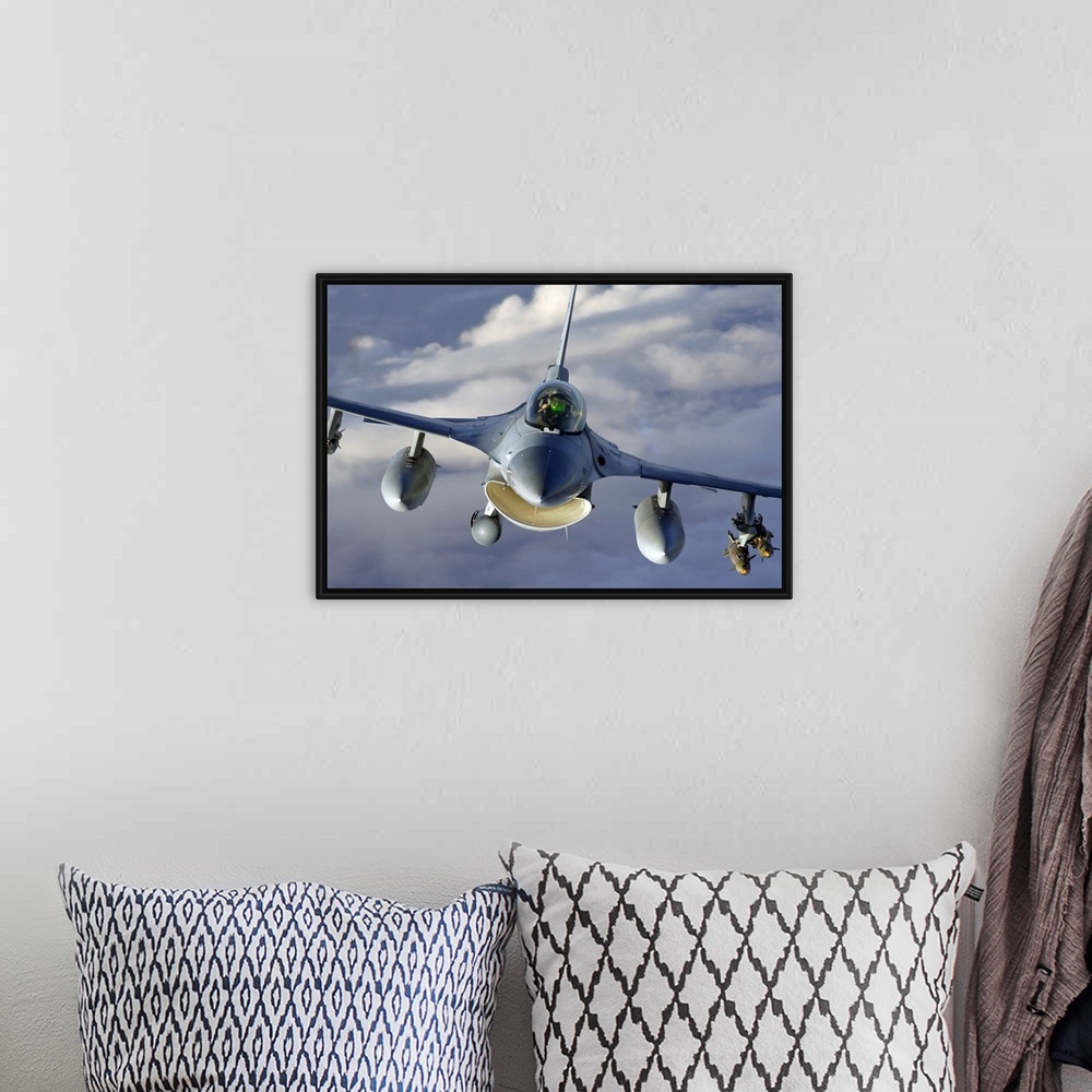 A bohemian room featuring Canvas photo art of the up close of a jet flying through the skies.