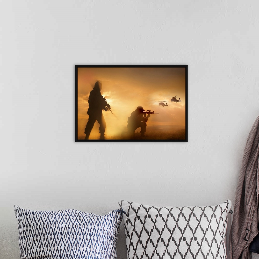 A bohemian room featuring Large photograph depicts the silhouette of two United States military individuals securing a land...