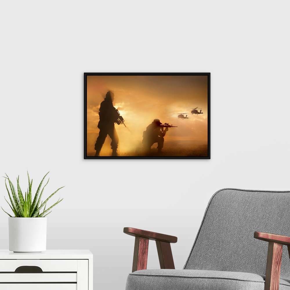 A modern room featuring Large photograph depicts the silhouette of two United States military individuals securing a land...