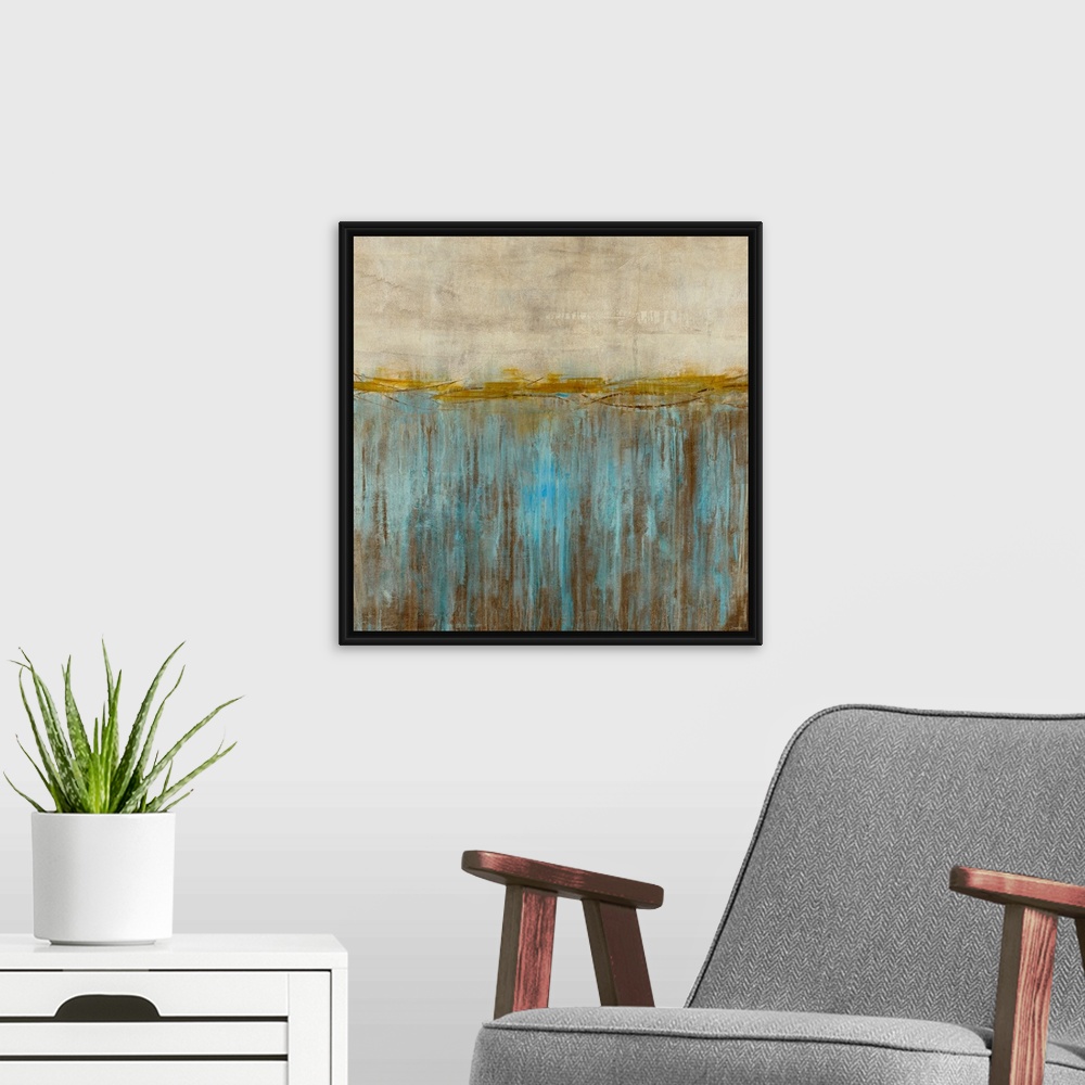 A modern room featuring This square shaped abstract wall art is divided into three different paint textures; the top two ...