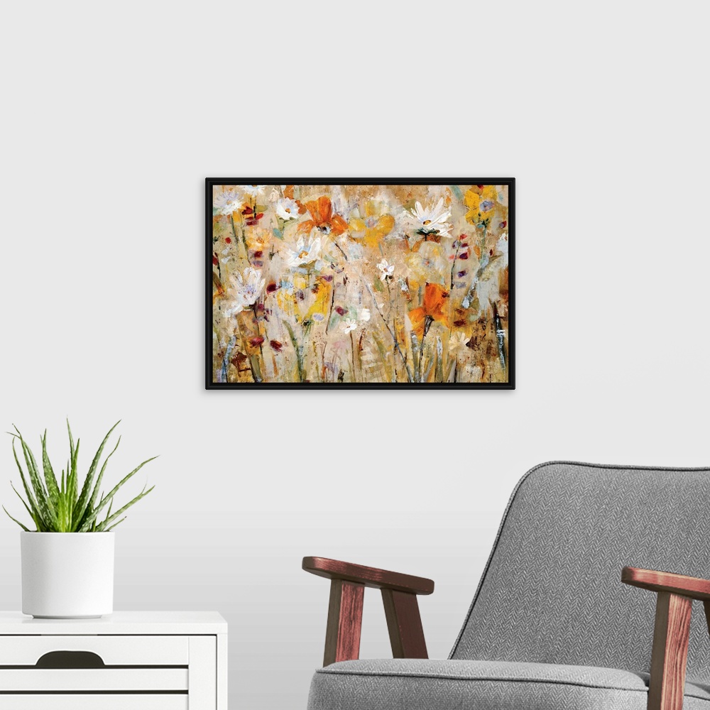 A modern room featuring Close up of impressionistic flowers and stems in a busy horizontal abstract and a vivid color pal...