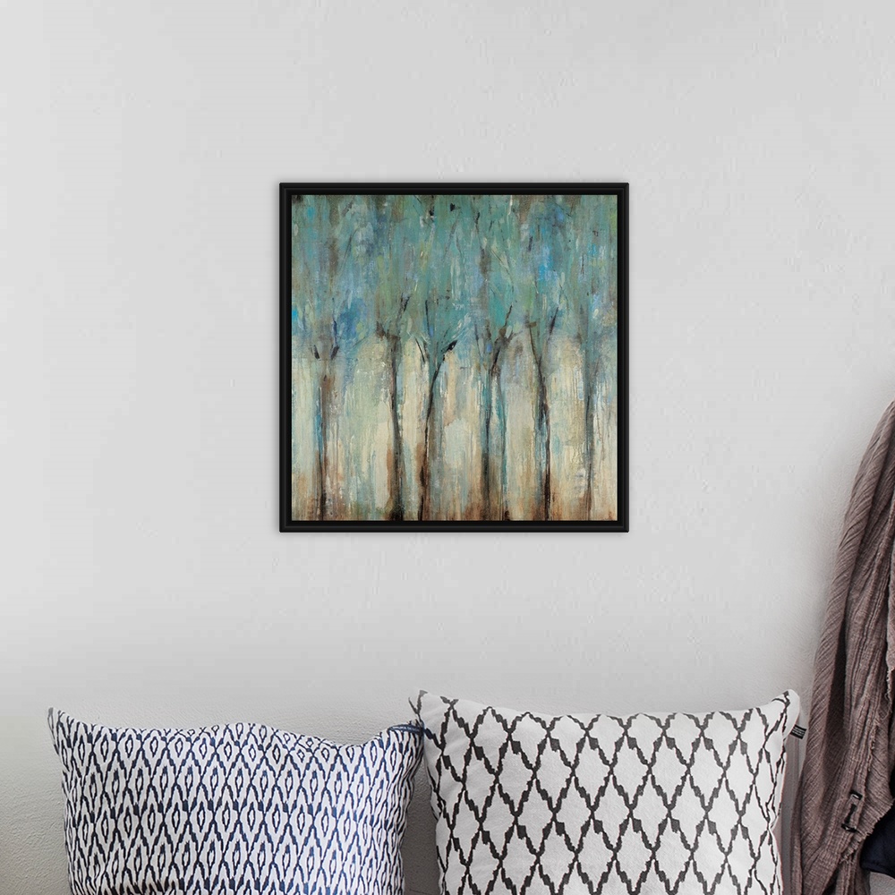 A bohemian room featuring An abstract square wall art painting with layers of messy paint arranged in vertical shapes remin...