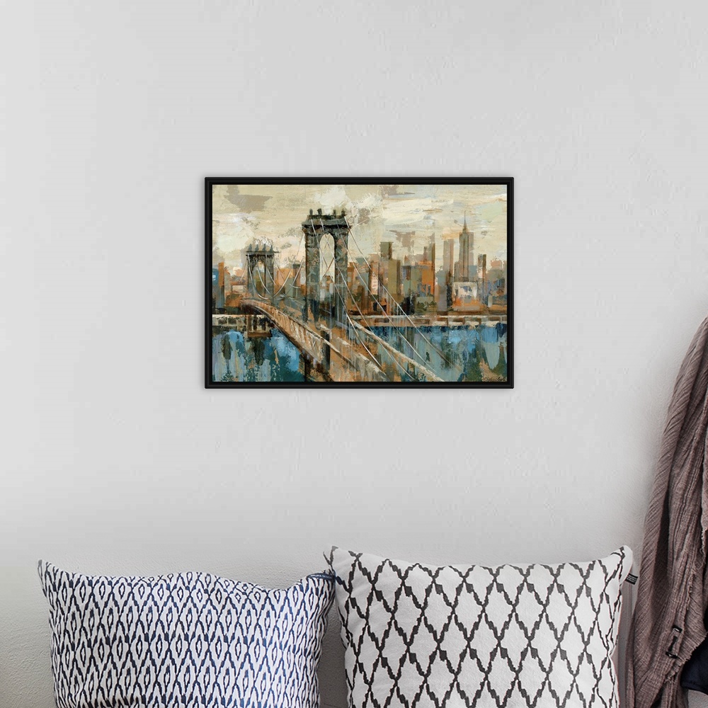 A bohemian room featuring A contemporary painting of the New York City and a suspension bridge seen from an opposite shore ...