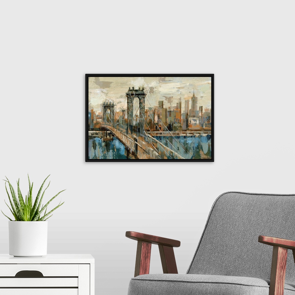 A modern room featuring A contemporary painting of the New York City and a suspension bridge seen from an opposite shore ...