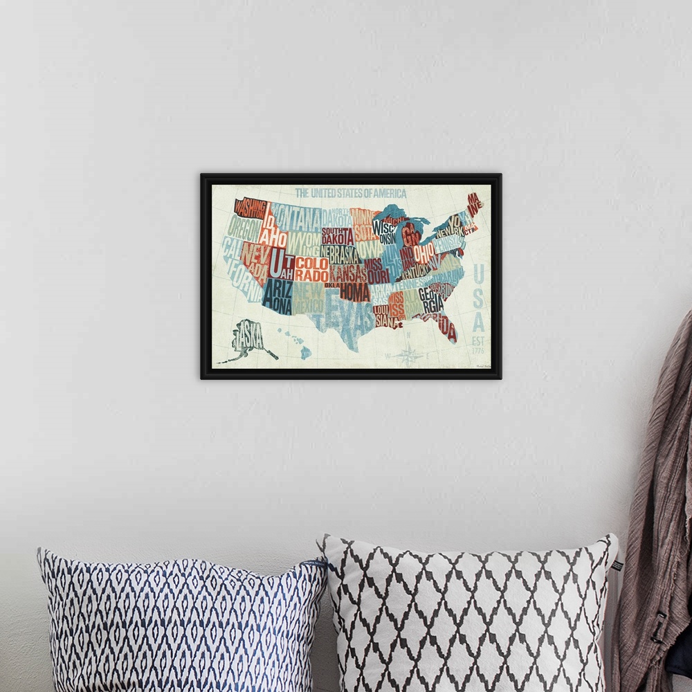 A bohemian room featuring Illustration of US map divided by state lines with the name of each state shaped into the boundar...