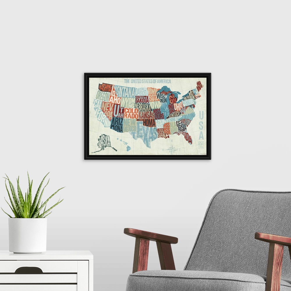 A modern room featuring Illustration of US map divided by state lines with the name of each state shaped into the boundar...